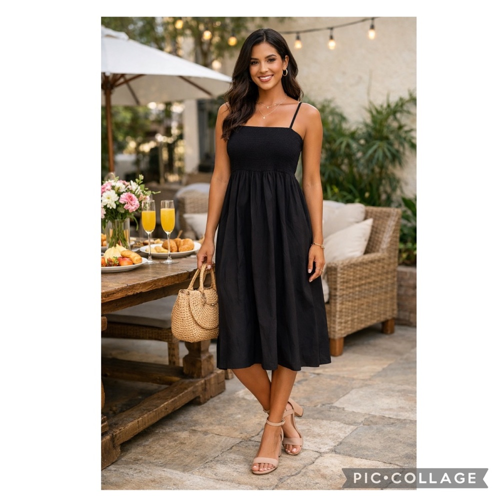 NWT A New Day Black Smocked Midi Dress Removable Straps Pockets XL